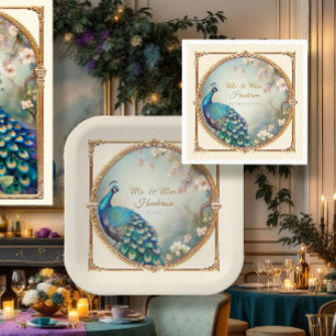 Art Deco Peacock Elegant Flower Tree Wedding Napkin