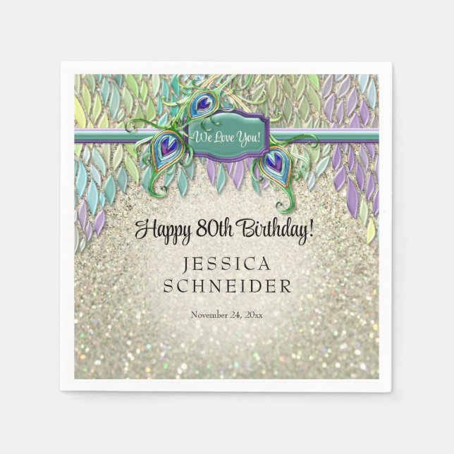 Art Deco Peacock Feather Any Birthday Party Glam Napkin (Front)
