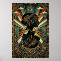 Art Deco Peacock Feather Dancer Gold Teal Poster