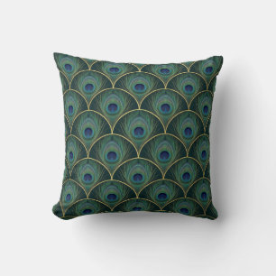 Art Deco Peacock Feather Pattern in Teal & Gold Cushion