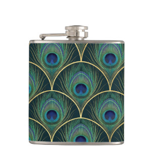 Art Deco Peacock Feather Pattern in Teal & Gold Hip Flask