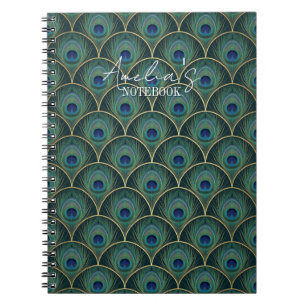 Art Deco Peacock Feather Pattern in Teal & Gold Notebook