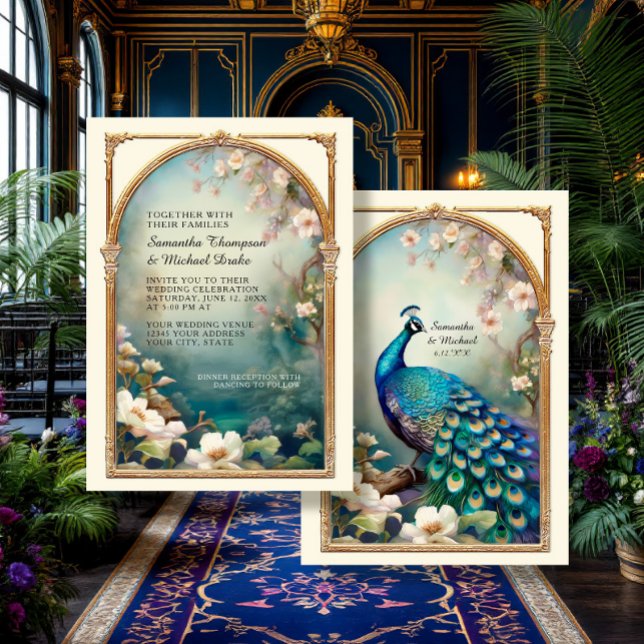 Art Deco Peacock Feathers Elegant Floral Wedding Invitation (Creator Uploaded)