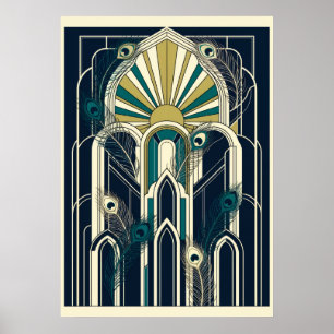 Art Deco Peacock Feathers Navy Teal Poster