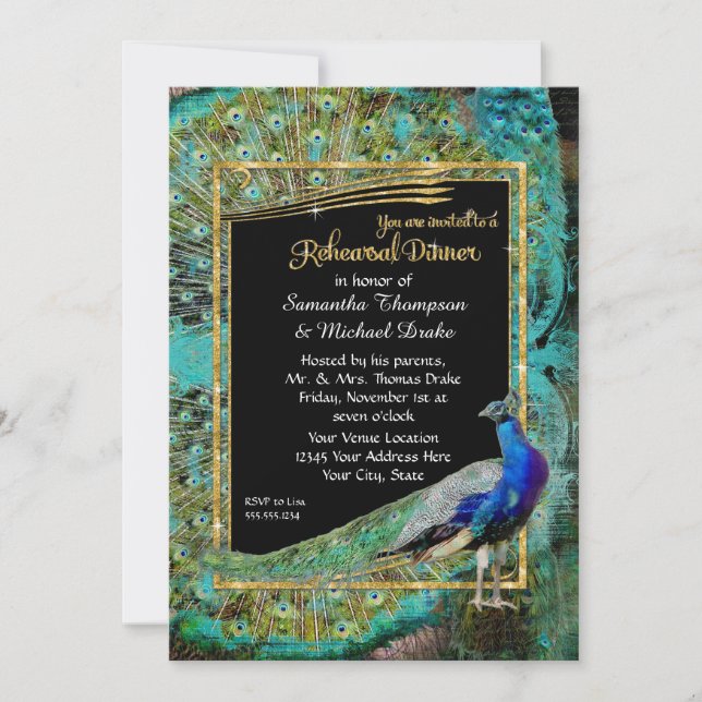Art Deco Peacock Glam Hollywood Rehearsal Dinner Invitation (Front)