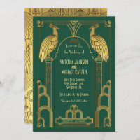 Art Deco Peacock Gold & Black Wedding Invitation