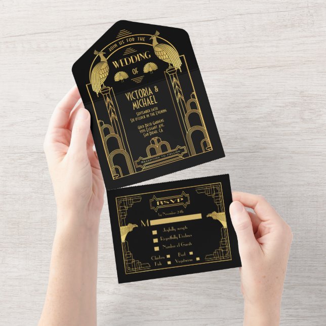 Art Deco Peacock Gold & Black Wedding Invitations (Tearaway)