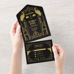 Art Deco Peacock Gold & Black Wedding Invitations
