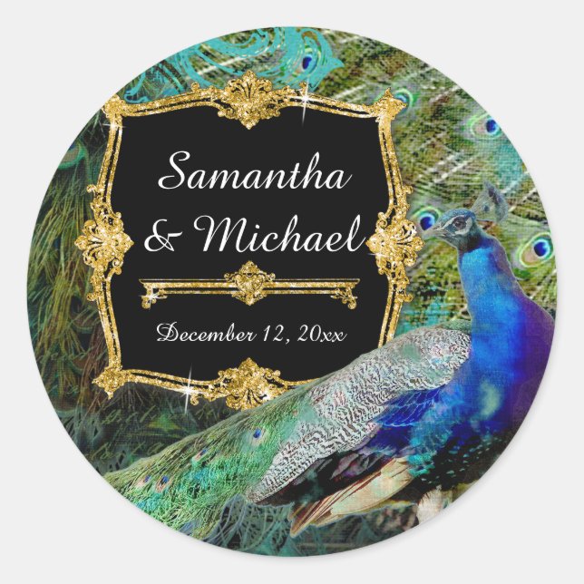 Art Deco Peacock Gold Glitter Old Hollywood Gatsby Classic Round Sticker (Front)