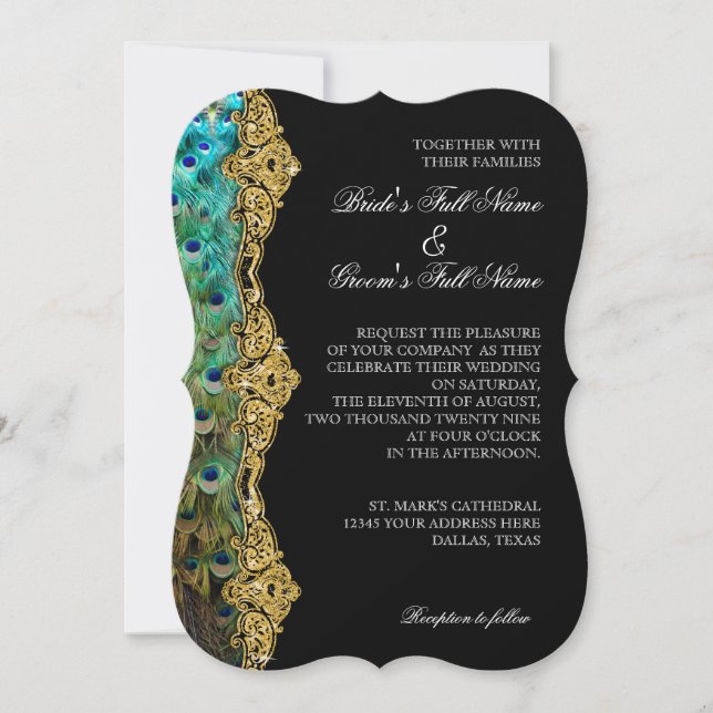 Art Deco Peacock Gold Glitter Old Hollywood Gatsby Invitation (Front)