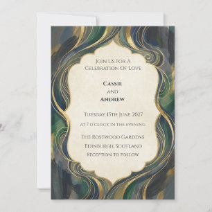 Art Deco Peacock Green Gold Wedding Invitation