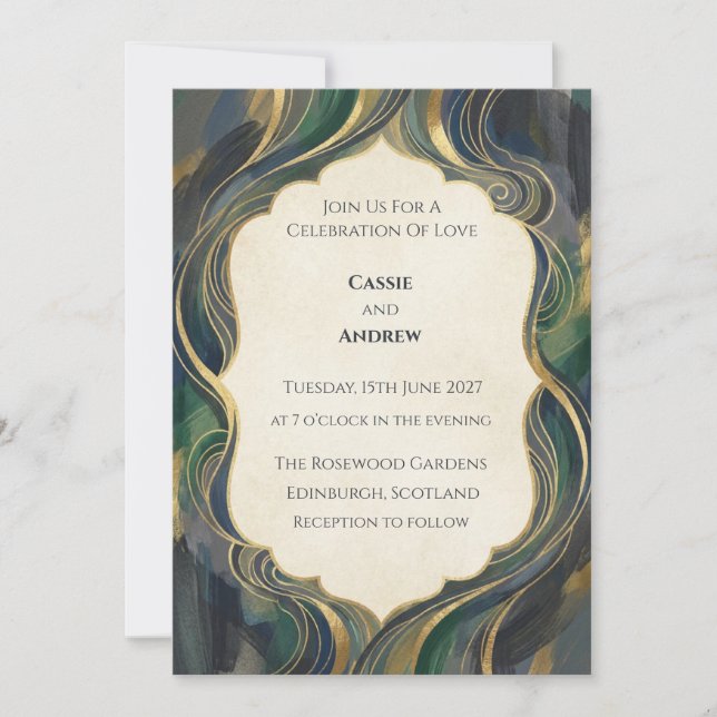 Art Deco Peacock Green Gold Wedding Invitation (Front)