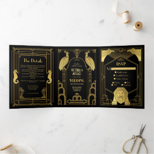Art Deco Peacock Lion Seahorse Elephant Wedding Tr Tri-Fold Invitation