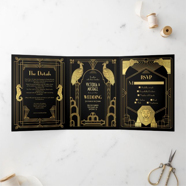 Art Deco Peacock Lion Seahorse Elephant Wedding Tr Tri-Fold Invitation (Inside)