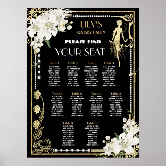 Art Deco Pearls Floral Gatsby Roaring 20s Seating  Poster (Front)