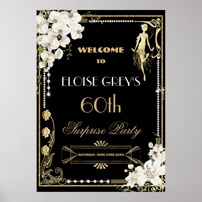 Art Deco Pearls White Floral Gatsby 20s Welcome Poster (Front)