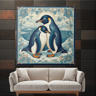 Art Deco Penguin Ice Bird Couple Snow Ocean Floral Tile
