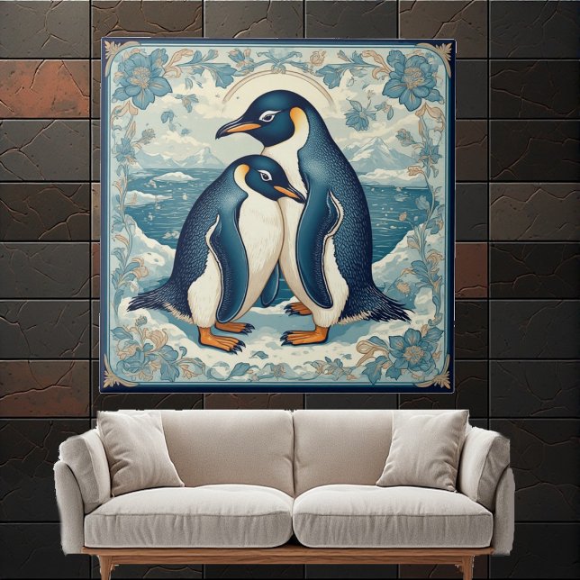 Art Deco Penguin Ice Bird Couple Snow Ocean Floral Tile (Art Deco Penguin Ice Bird Couple Snow Ocean Floral Ceramic Tile)