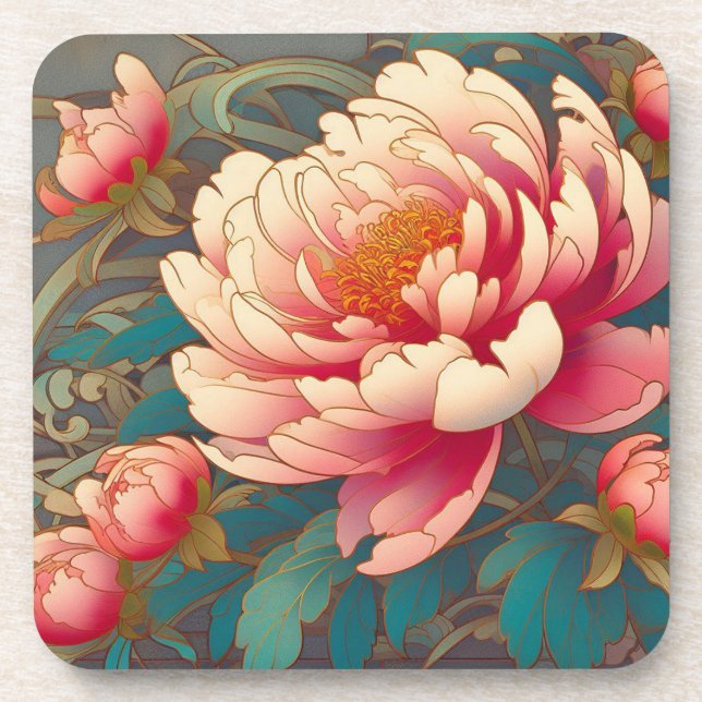 Art Deco Peony Hard plastic coaster set (Front)