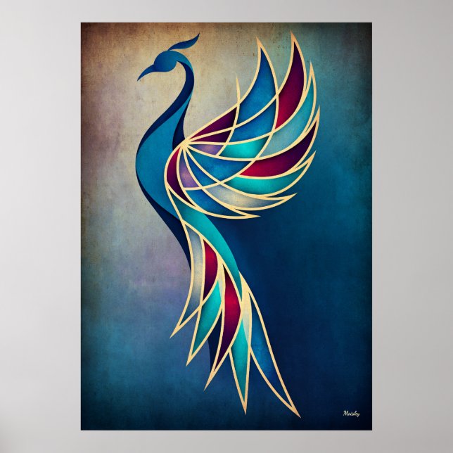 Art Deco Phoenix Abstract Geometric Bird Wall Art (Front)