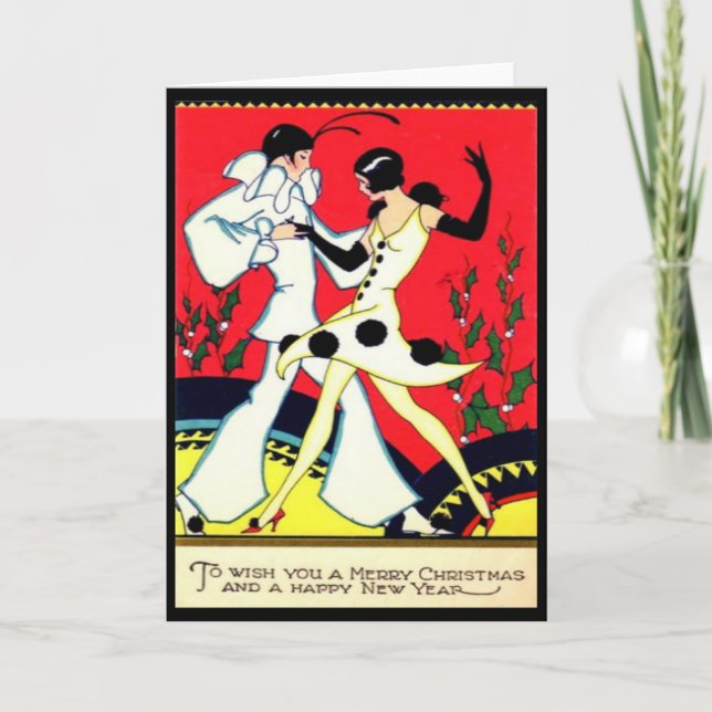 Art Deco Pierrot & Pierette Vintage Christmas Card (Front)
