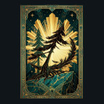 Art Deco Pine Tree Silhouette Gold Teal Cliff Post Poster<br><div class="desc">A striking masterclass in Art Deco geometry and natural drama. This illustration features a sharp, angular black silhouette of a pine tree clinging to a jagged teal marble cliffside. Set against a massive, radiant golden sunburst that mimics the Chrysler Building’s iconic crown, the piece is framed by intricate chevron borders...</div>