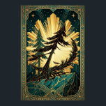 Art Deco Pine Tree Silhouette Gold Teal Cliff Post Poster<br><div class="desc">A striking masterclass in Art Deco geometry and natural drama. This illustration features a sharp, angular black silhouette of a pine tree clinging to a jagged teal marble cliffside. Set against a massive, radiant golden sunburst that mimics the Chrysler Building’s iconic crown, the piece is framed by intricate chevron borders...</div>