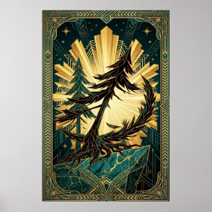 Art Deco Pine Tree Silhouette Gold Teal Cliff Post Poster