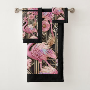 Art Deco Pink and Rainbow Flamingo  Bath Towel Set