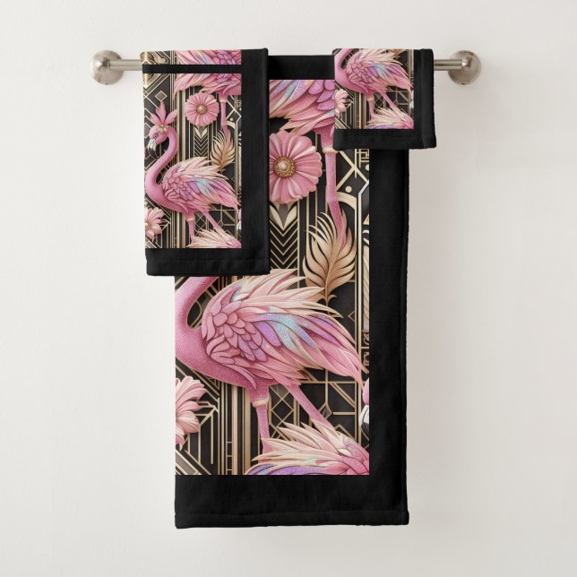 Art Deco Pink and Rainbow Flamingo  Bath Towel Set (Insitu)