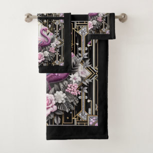 Art Deco Pink and Rainbow Flamingo  Bath Towel Set