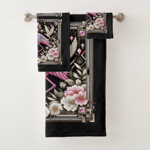 Art Deco Pink and Rainbow Flamingo  Bath Towel Set