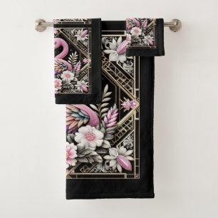 Art Deco Pink and Rainbow Flamingo Bath Towel Set