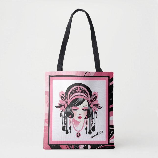 Art Deco Pink Beaded Girl Tote Bag (Front)