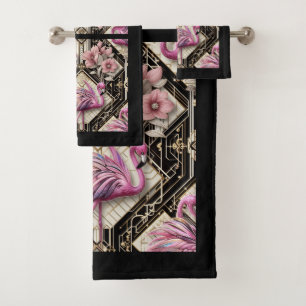 Art Deco Pink Flamingo Bath Towel Set