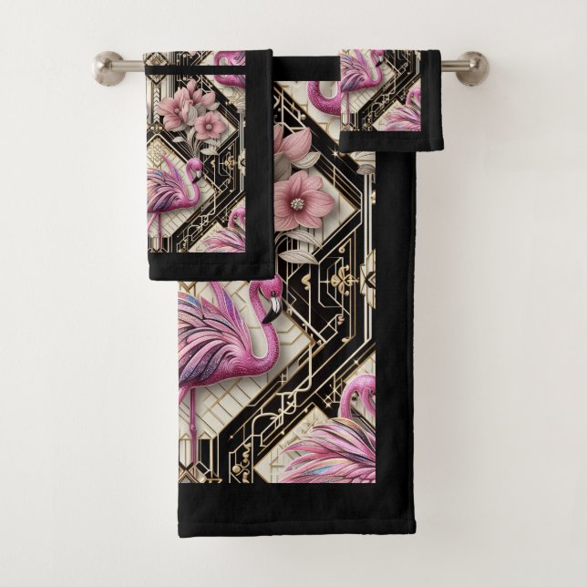 Art Deco Pink Flamingo  Bath Towel Set (Insitu)