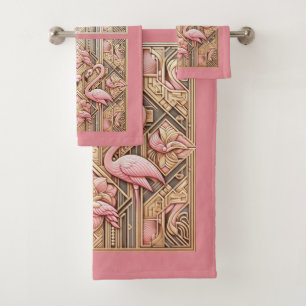 Art Deco Pink Flamingo Bath Towel Set