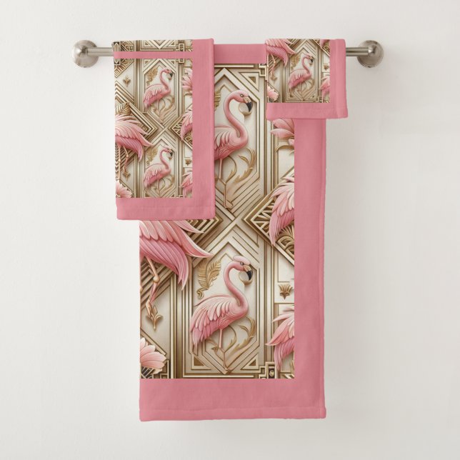 Art Deco Pink Flamingo  Bath Towel Set (Insitu)