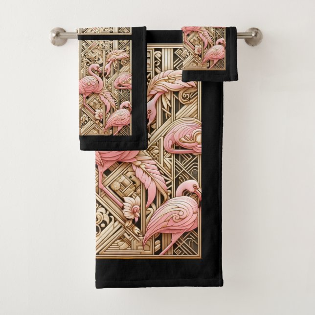 Art Deco Pink Flamingo  Bath Towel Set (Insitu)