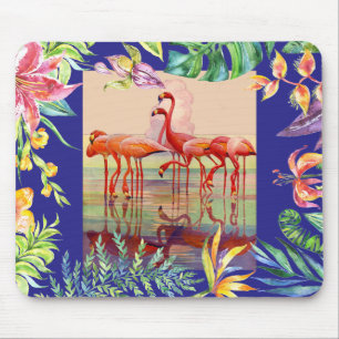 Art Deco Pink Flamingos & Flowers Mouse Pad