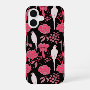 ART DECO pink FLOWERS,WHITE PARROTS ON BLACK iPhone 16 Case
