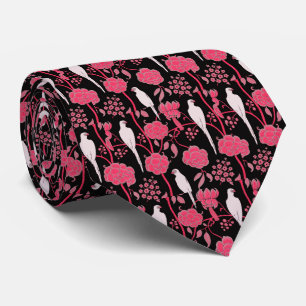 ART DECO PINK FLOWERS,WHITE PARROTS ON BLACK TIE