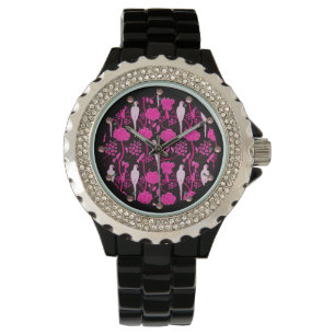 ART DECO PINK FLOWERS,WHITE PARROTS ON BLACK WATCH