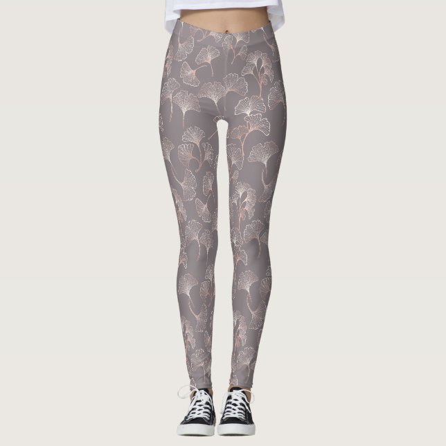 Art Deco Pink Leaf Pattern Leggings (Front)