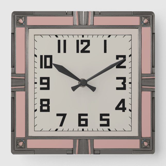 Art Deco Pink Square Wall Clock (Front)