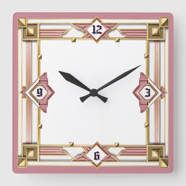 Art Deco Pink Square Wall Clock (Front)