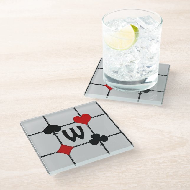 Art Deco Playing Card Suits v2 Monogrammed Glass Coaster (Angled)