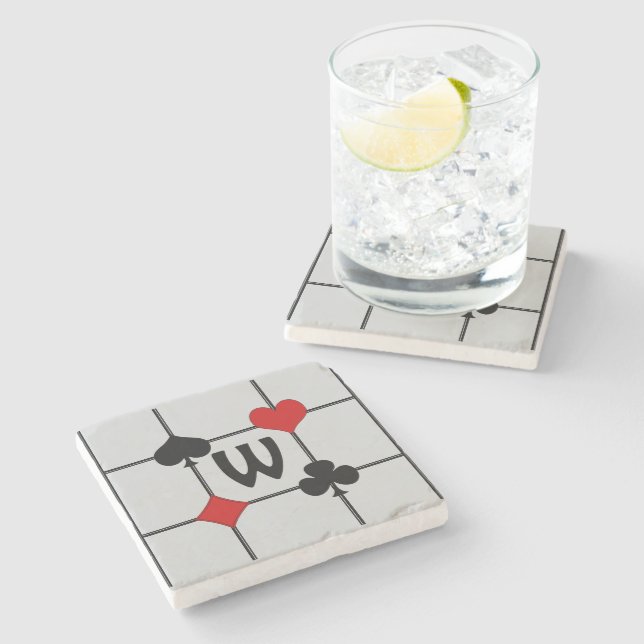 Art Deco Playing Card Suits v2 Monogrammed Stone Coaster (Side)