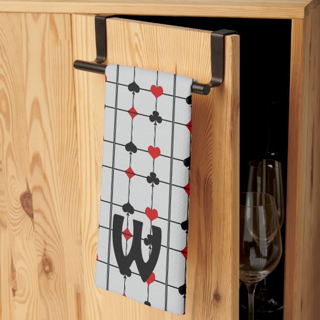 Art Deco Playing Card Suits v2 Monogrammed Tea Towel (Thirds Fold)