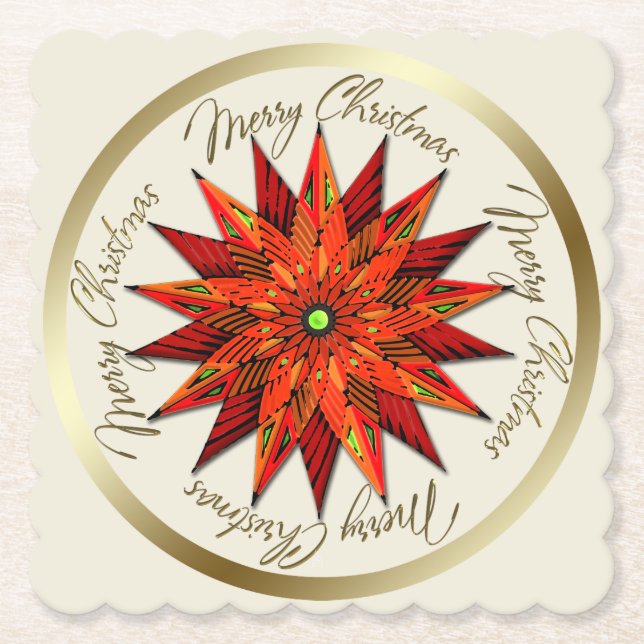 Art Deco Poinsettia Christmas Paper Coasters (Front)
